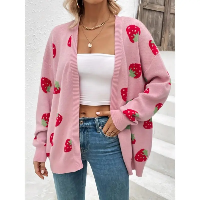StrawberryPatternOpenFrontCardigan,ElegantLongSleeveCardiganForSpring&Fall,Women'sClothingCollarFabricTopsCasual