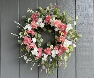 24" Pink Cherry Wreath Twig Base Cherry Tree Cream Ivory Wreath Hydrangea Wreath Summer Wreath Cherry Blossom Wreath Large Artificial Wreath Colorful Decoration