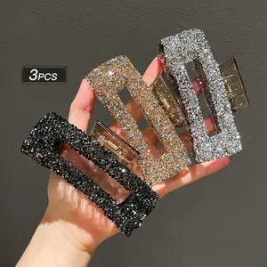 [3pcs Glittering Hair Claw Clips] 3pcs Glittering Oblong Hair Claw Clips Set, Plastic Sweet Minimalist Large Shark Clips, Solid Color Hair Accessories for Women, with Assorted Colors for Updos and Styling, Suitable for Ages 14+