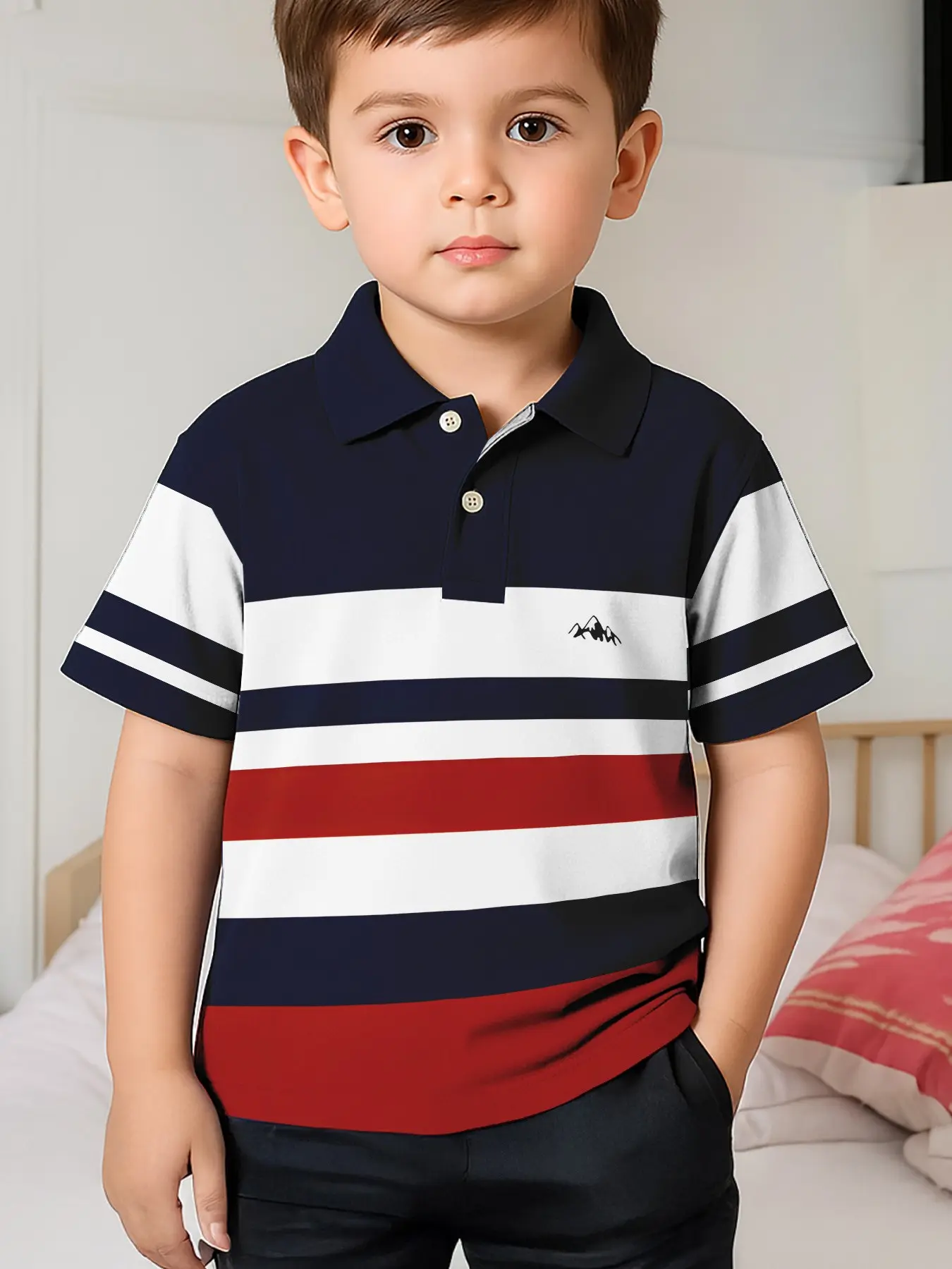 New Fashion Short Sleeve Three-Color Stripe Mountain Pattern Summer Shirt, Boys' Polo Top, Casual Style, Slim-Fitting, Daily Wear Shirts