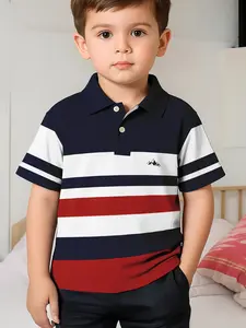 New Fashion Short Sleeve Three-Color Stripe Mountain Pattern Summer Shirt, Boys' Polo Top, Casual Style, Slim-Fitting, Vibrant Look