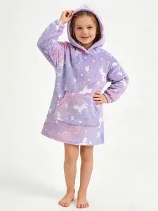 Girls Robe TV Blanket Girls’ Pajamas with Hood, Comfortable Fabric, Magical Night Light Pattern, Suitable for Ages 4–7 Luminous Print Cartoon Animal Design