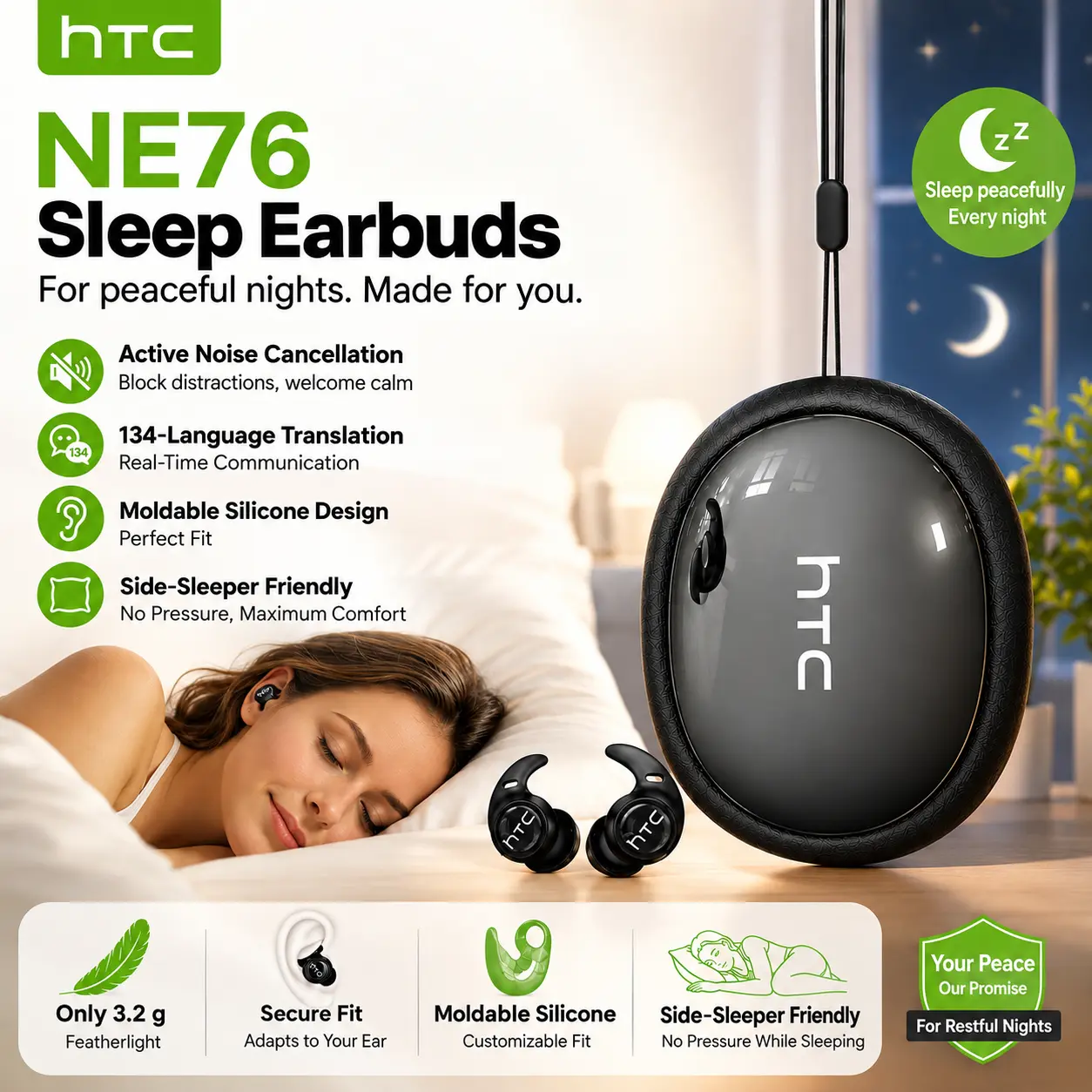 HTC NE76 Electronic Audio Wireless Bluetooth 6.0 Noise-Cancellation Sleep Earbuds - Ultra-Thin Invisible Headphone, Pressure-Free Comfort Fit for Side Sleepers, Ideal for Travel, Earbuds Wireless