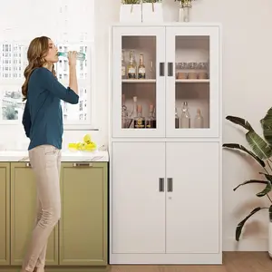 Yizosh Metal Storage Cabinet with Glass Doors - 71" Locking Display Cabinet with 2 Adjustable Shelves, 4-Tier Tall Steel Locker for Kitchen, Living Room, Dining Room (White)