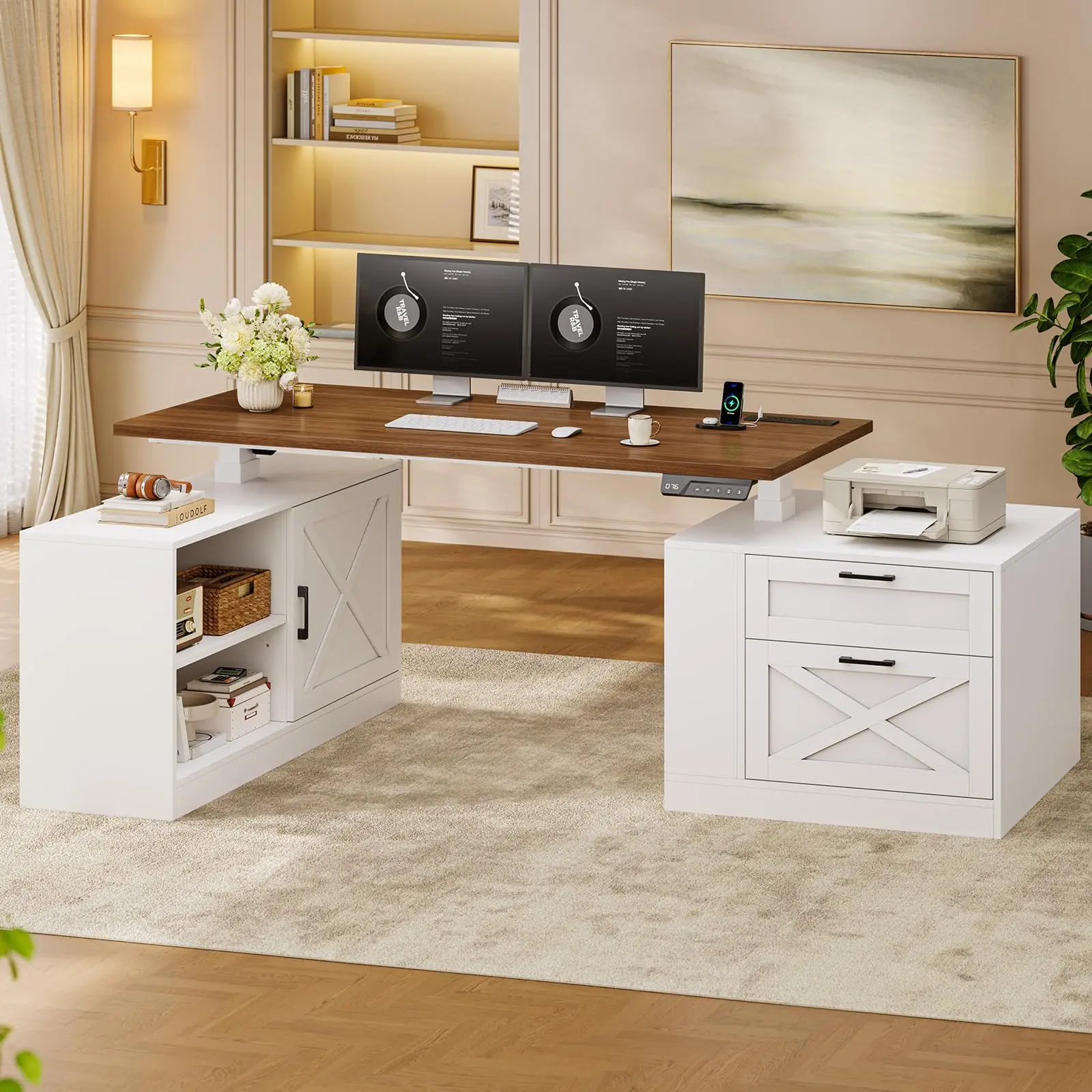 71" Farmhouse L Shaped Standing Desk, Electric Height Adjustable Corner Computer Desk with Power Outlets, Storage Cabinet & File Drawers,  Wood Stand up Desks with Power Outlets with Sliding Bar Door for Home Office, White