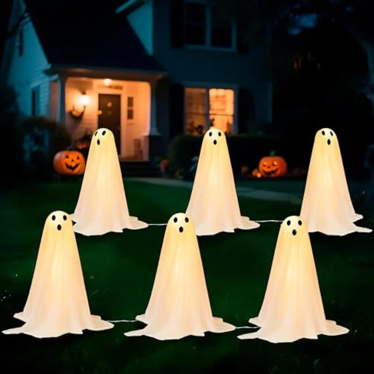 3 Pcs Halloween Decorations Outdoor Ghosts Pathway Lights, 18 White Cloth Ghost with White Light Up Yard Stakes for Graveyard Yard Lawn Garden Prop, Party Decor Supplies