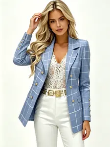 A women's fashionable blue toned waist cinched plaid suit jacket with a sharp lapel to enhance face shape, suitable for commuting to work, shopping and outdoor activities, indoor and outdoor dressing