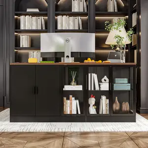 FUFU&GAGA 77.6" Glass Reception Desk - 3-Color LED Retail Counter with Display Shelf & Drawers for Salons/Shops