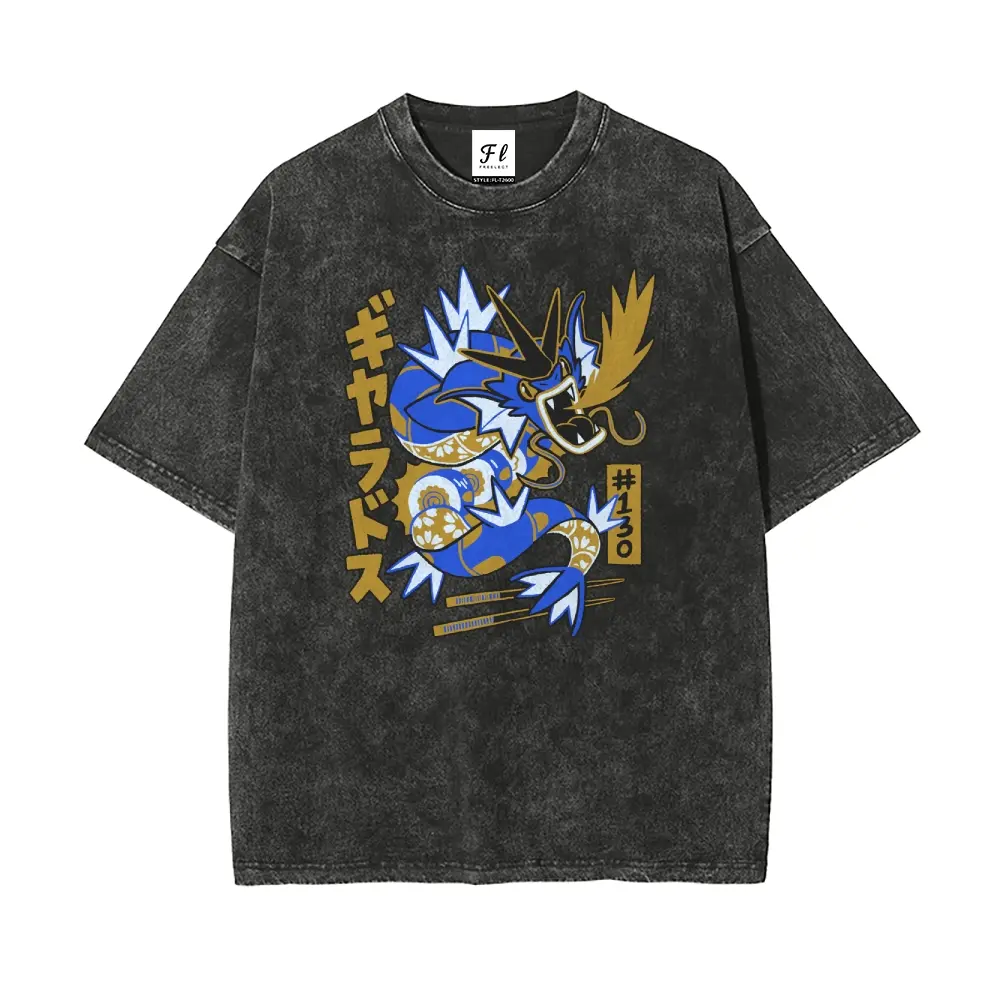 Men's Oversized Stretch Round Neck Short-Sleeve Vintage Graphic Tshirt - Washed Cotton Streetwear Fashion, Unisex Retro Casual Pocket Monsters Gyarados Japanese Cartoon Tops, Vintage Shirts