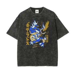 Unisex Retro Casual Gyarados Pocket Monsters Japanese Graphic Washed Cotton Fabric Men's T-Shirt