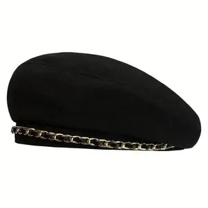 Vintage British Style Newsboy Beret Hat - Lightweight Flat Cap with Chain Decor, Hats for Women, Trendy Streetwear Fashion Accessory for Casual Wear, Travel summerwins