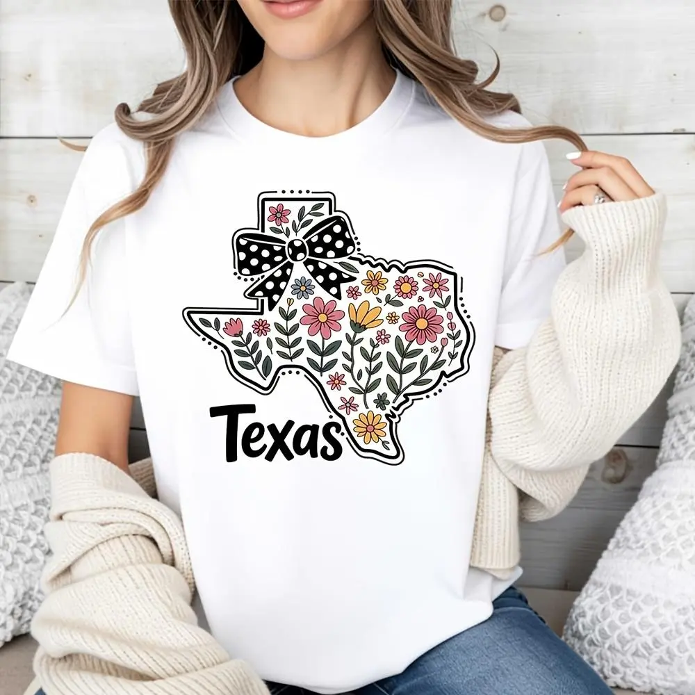 Floral Texas State Outline With Bow Graphic, Raglan Long-Sleeved T-Shirt, Southern Pride And Lone Star Theme, Casual Daily Wear