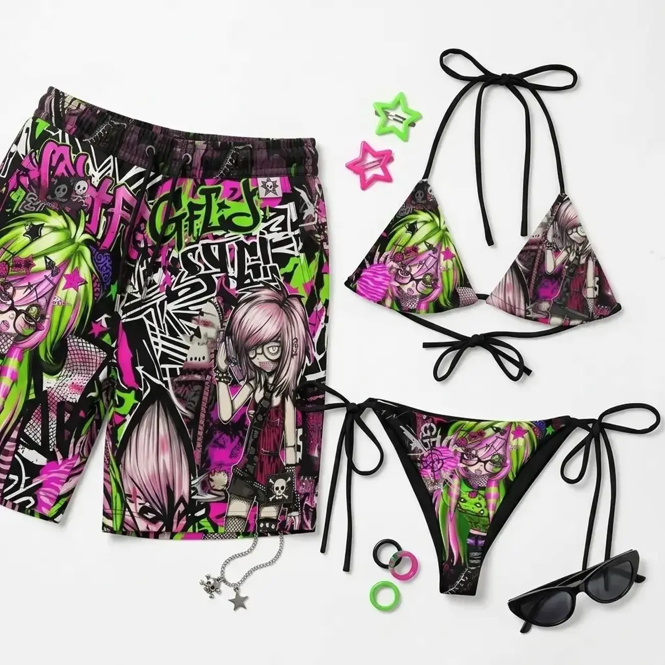 Matching Couple Y2K Scene Swimwear Set – Cyber Graphic Bikini & Men's Swim Trunks, Alternative Festival Beachwear, Summer Vacation Swimsuits