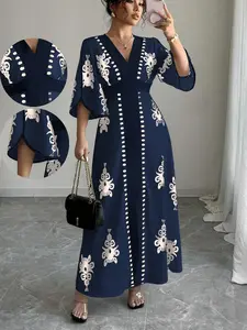 Vintage Ethnic Printed Women Woven Long Dress, V Neck Flare Sleeve, Split Design, Elegant Slimming Fashion Vacation Style, All Seasons