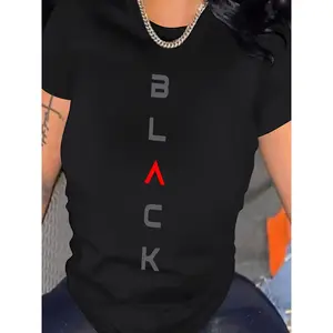 Women's graphic t-shirt 180g in black cotton with BLACK design in vertical print, short-sleeved round neck, basic streetwear trend, ideal for casual urban looks, comfortable and versatile fashion, modern Tumblr style for everyday use Tops Womenswear