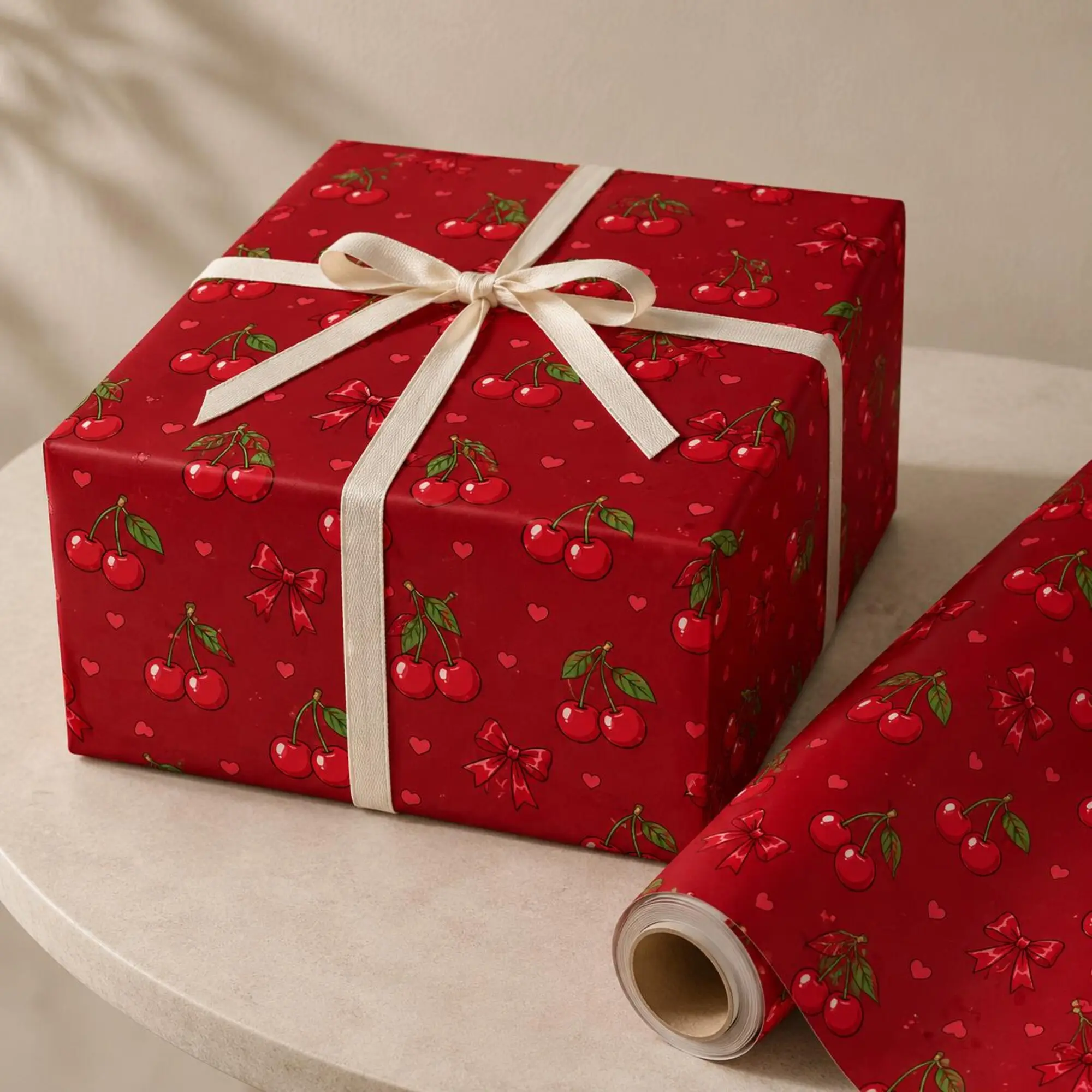 Cherry Wrapping Paper, Coquette Bow Gift Wrap, Red Heart Paper, Cute Cherry Gift Wrap, Valentine Wrapping Paper, Girly Gift Wrap