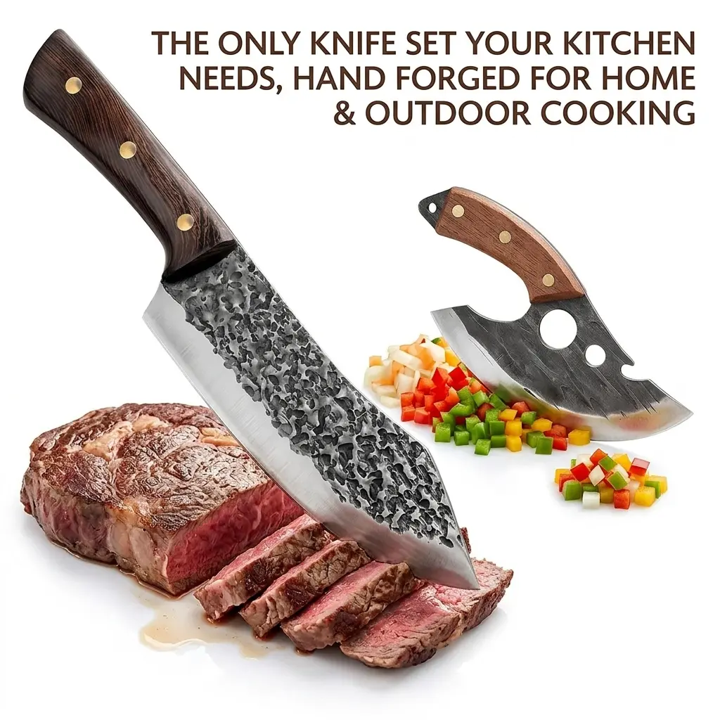 Hand Forged Butcher Cleaver Knife Set, Full Tang Sharp Chef Knife with Ergonomic Non-slip Handle, Multipurpose Meat Cutting Cooking Knives for Home Kitchen, Outdoor Camping, Backyard BBQ, Ideal Holiday Gift for Men, Dad, Cooking & Outdoor Enthusiasts