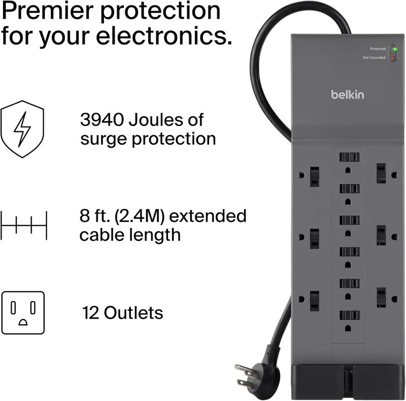 Belkin 12-Outlet Surge Protector Power Strip W/ 12 AC Outlets & 8Ft Flat Plug, Ul-Listed Heavy-Duty Extension Cord for Home, Office, Travel, Computer, Laptop, Charger - 3,940 Joules of Protection