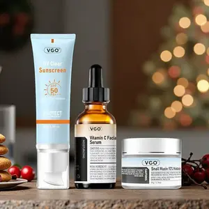 VGO 3 - piece Skincare and Sunscreen Set. It is tailored for all - around skin care and includes 92% Snail Mucin Cream, Vitamin C Serum and SPF 50 Sunscreen.