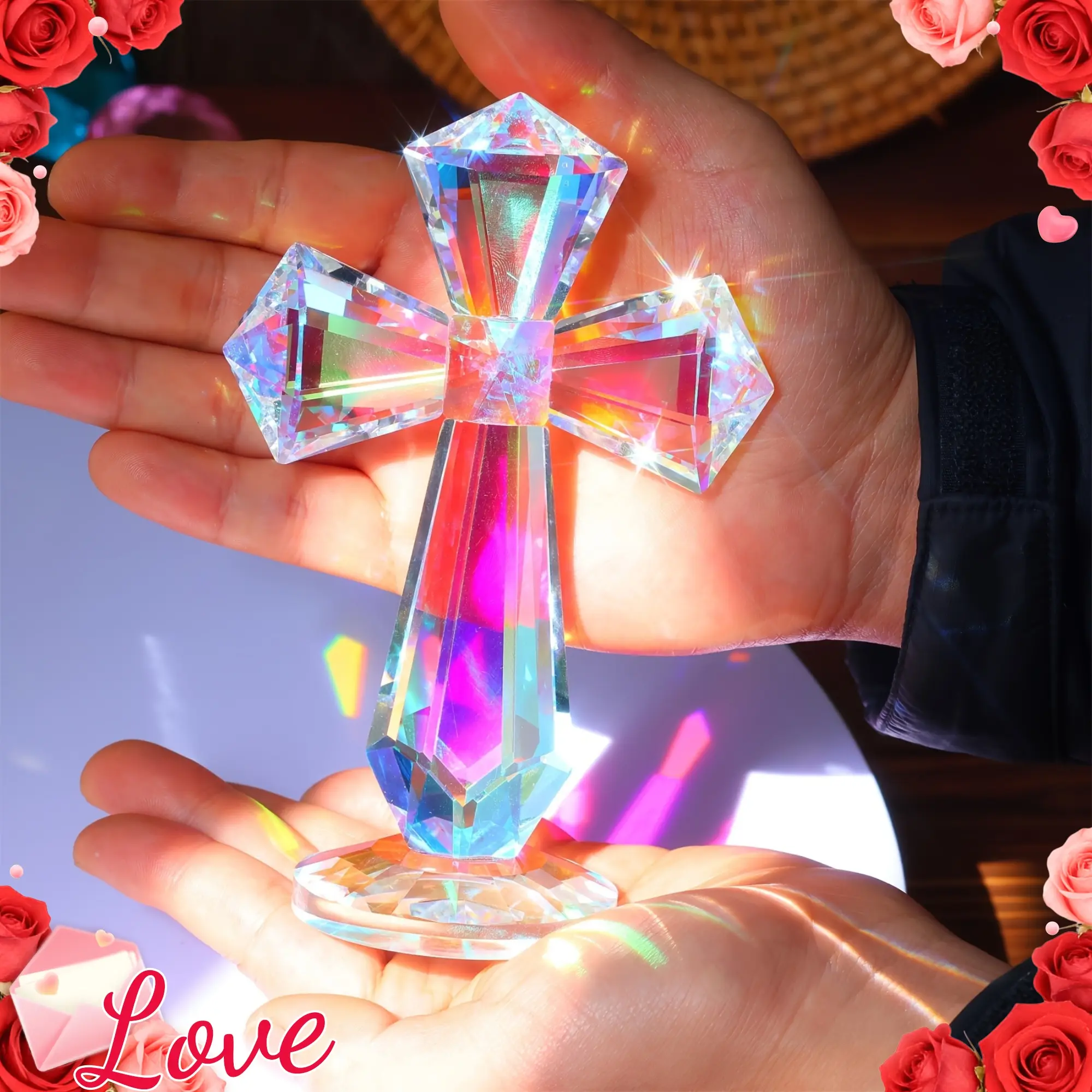 6.1-Inch Classic AB Color Crystal Hanging Cross Suncatcher Ornament - 1pc Elegant Home Decor, Office Decor, Wedding Craft for Special Occasions