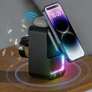 5-in-1 Bluetooth Speaker Wireless Charging Station - 360° Adjustable Magnetic Holder, Phone Stand, Night Light for Apple Watch, iPhone 16/15/14/13/12 Pro Max, Mobile Smartphone Cellphone Foldable Device