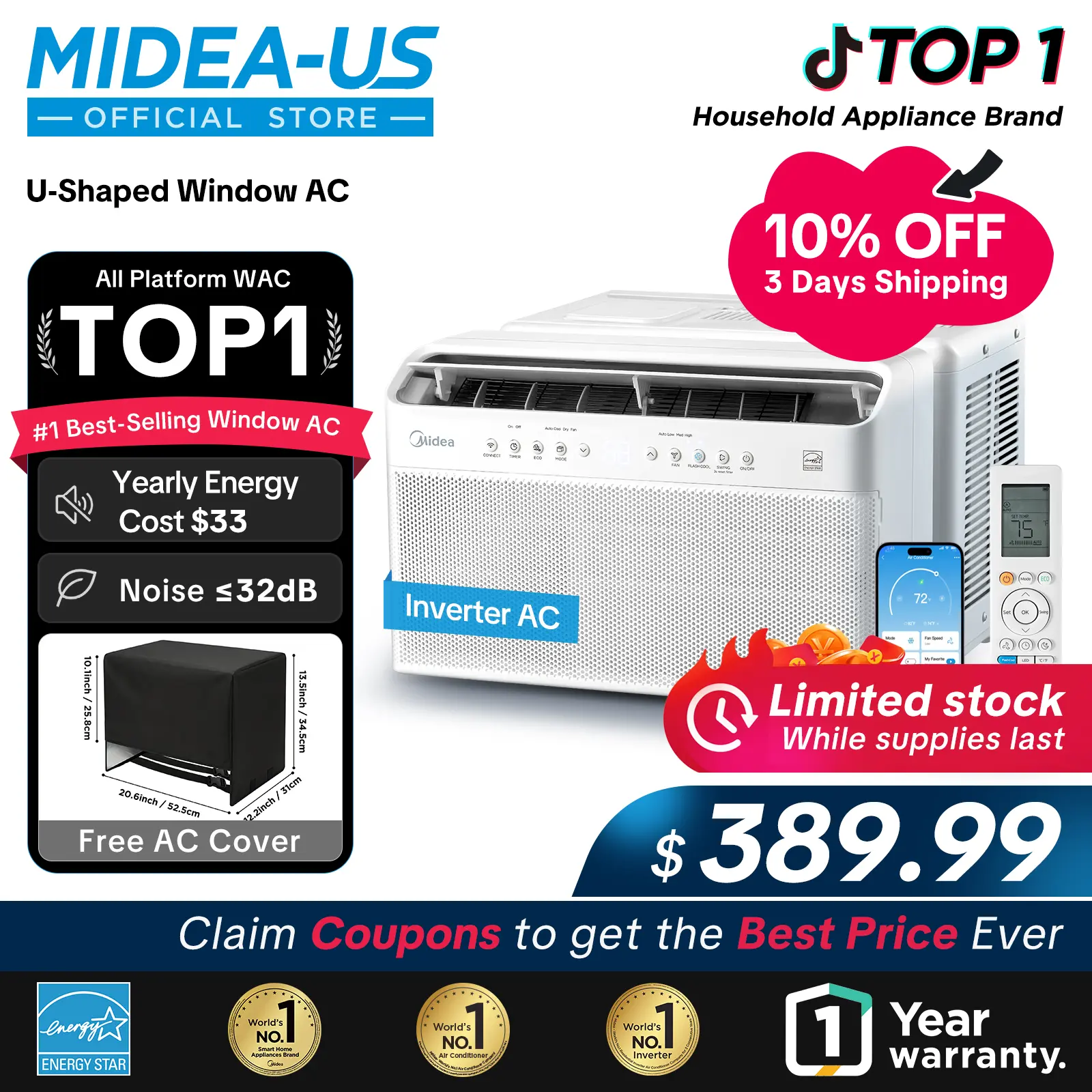 Midea 6K/8K/10K/12K BTU U Shaped Smart Inverter New Window Air Conditioner,  2026 version AC, Cools up to 450 Sq. Ft.,Ultra Quiet with Open Window Flexibility, Works with Alexa/Google Assistant, 35% Energy Savings, Remote Control