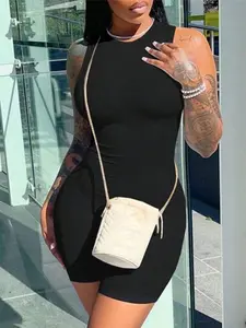 Tight Fitted Jumpsuit with Hidden Back Zipper, Plain Color, Short Sleeve, Natural Waist, Spring & Fall, Basic Casual Style, Y2K Fashion