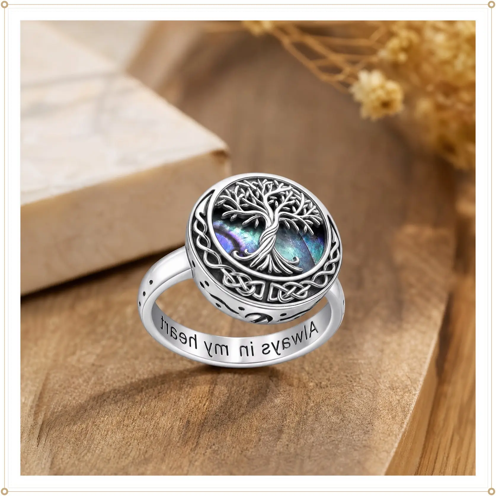 Tree of Life Ashes Memorial Ring: Celtic Knot Genealogy Design, Engraved "Forever in My Heart" Keepsake Jewelry Family Love