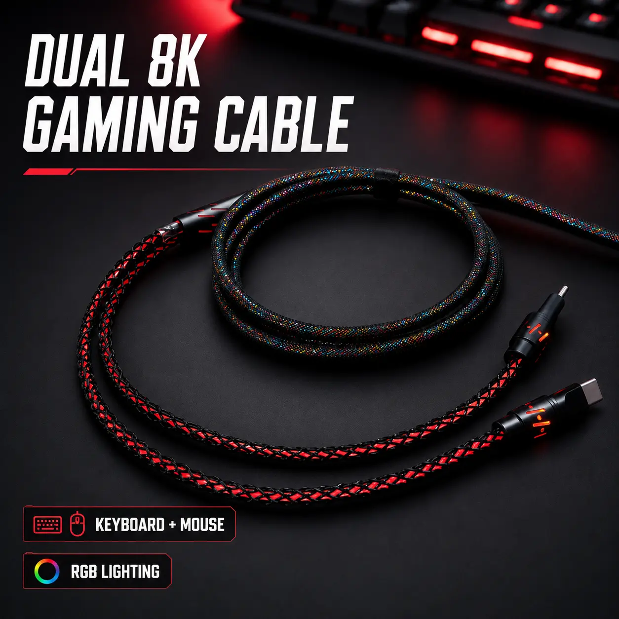 RGB Coiled Aviator Cable for Mechanical Keyboard, Dual USB-C 8K Gaming Cable, Detachable Braided Keyboard Mouse Cable for Gaming Desk Setup