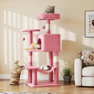 44" Pink Multi-Level Cat Tree Tower for 2-3 Cats with Sisal Scratching Posts, Extended Platform, Hammock, and Cat Condo for Play & Relaxation