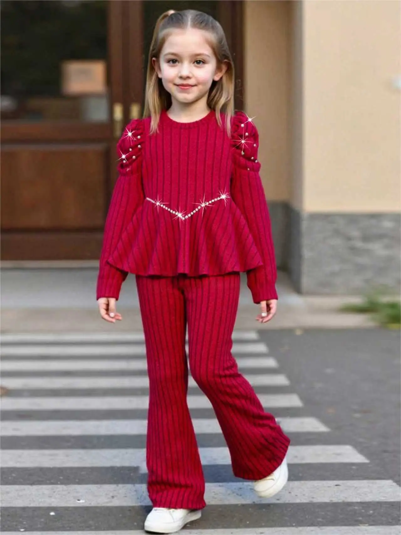 Girls' Cozy Long-Sleeves Bow Design Crewneck Sweatshirt Set, Soft Polyester Fabric, All-Seasons Comfortable Wear for Special Events & Casual Play, Cozy Home Tracksuit