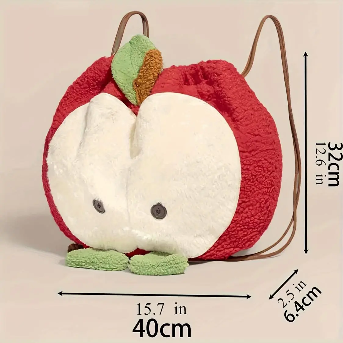 Cartoon Apple Plush Backpack for Women | Large Capacity Casual Bag, Crossbody & Top Handle, Fashion Accessory, & Red, Drawstring Closure.