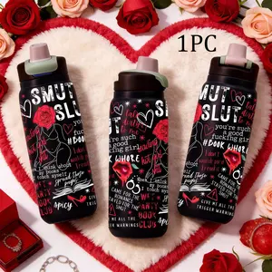 1 Pc 28oz Insulated Mug With Straw Lid, Double Wall Vacuum Cup, Leak Proof Skinny Thermal Mug Stainless To Go Tumbler, Keeps Hot 12 Hours Cold 24 Hours, Smut Book Club Dark Rose Heart Print, Gift For Women Men, Valentine Holiday Reading Lovers