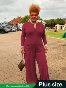 [Plus Size] Solid Pocket Button Front Wide Leg Jumpsuit, Casual Long Sleeve Round Neck Jumpsuit for Daily Wear, Women's Clothes for Fall & Winter, Womenswear