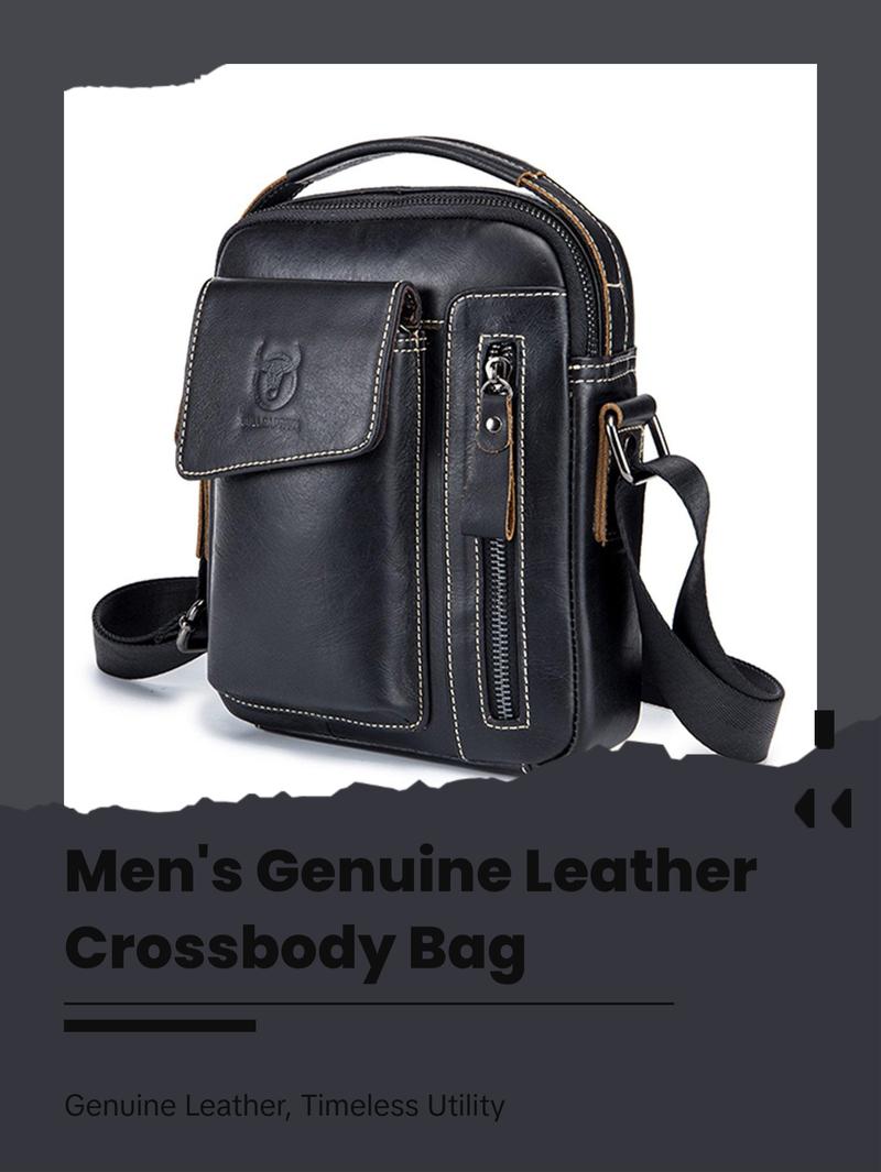 FR Fashion Co. Men's Genuine Leather Crossbody Bag - Classic Black, Adjustable Non-Slip Strap, Lightweight, Zipper Closure, Travel & Everyday Use, 100% Genuine Leather, 8.66" L x 7.08" H x 1.97" W