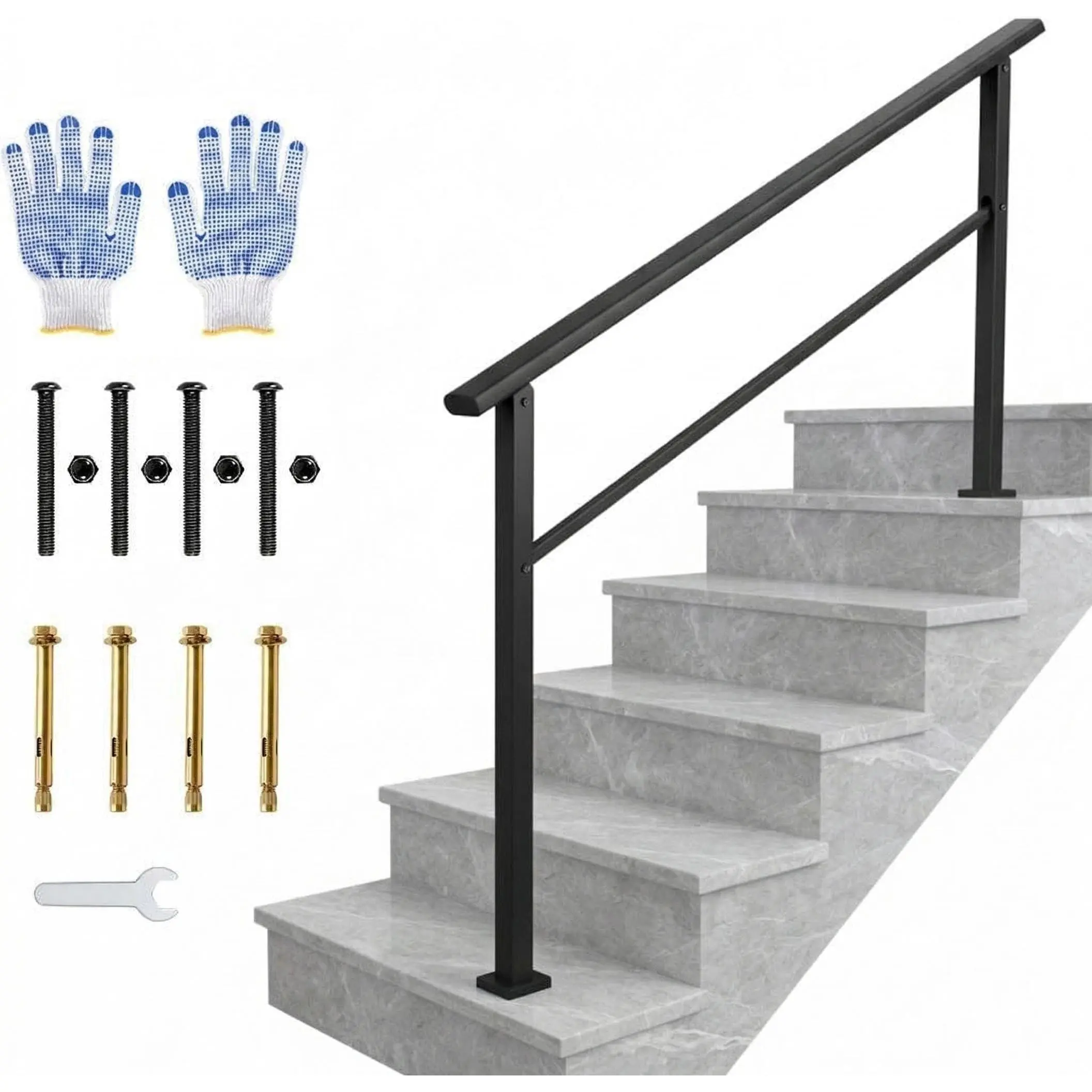 GARVEE Outdoor Handrail for Steps, 5-Step Stair Railing Kit with Adjustable Angle, Black Aluminum Handrail & Iron Poles for Porch, Deck, Stairs (1 Pack, 5 Steps)
