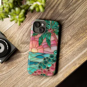 Stained Glass Beach Sunset Phone Case: Simple pastel cover, durable 2-in-1 protective case, compatible with iPhone 17/16/15/14/13/12/11 Pro Max/Plus/Pro, Samsung Galaxy S25/S24/S23 Ultra.