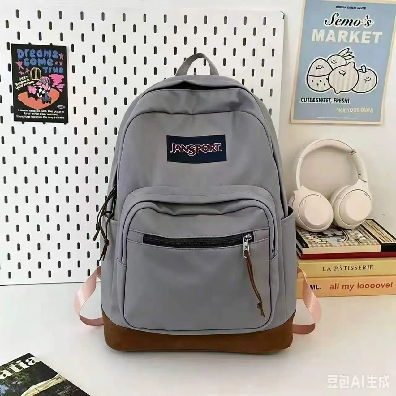 JanSport Light Gray Suede Bottom Classic Backpack, Neutral Grey Faux Leather Base Student School Backpack, Casual Daypack for Teens College Boys Girls