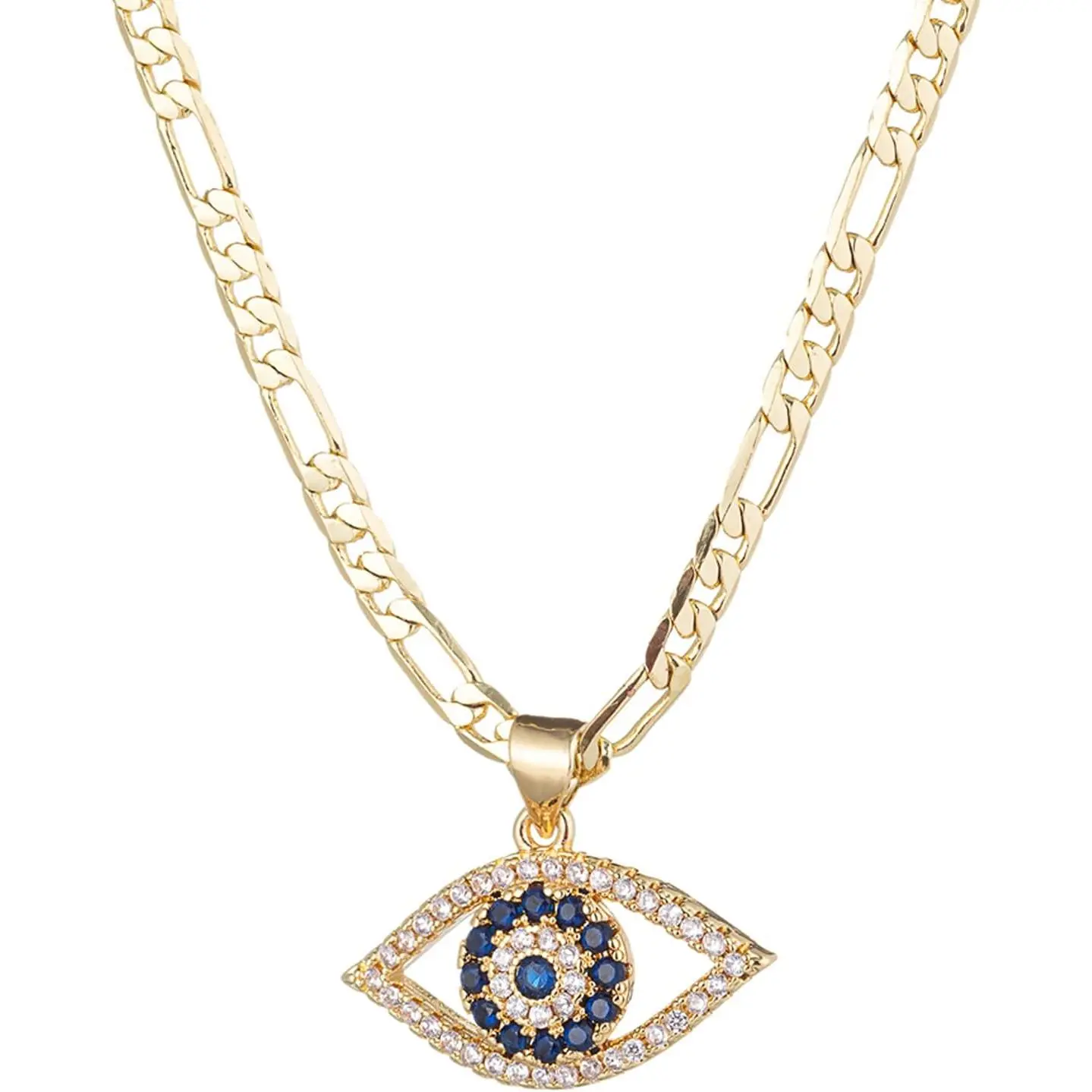 Evil Eye Necklace for Women |   14K White Gold Plated Cubic Zirconia Inlay Evil Eye Pendant Necklace |   3mm Figaro Chain Necklace 18/22 inches