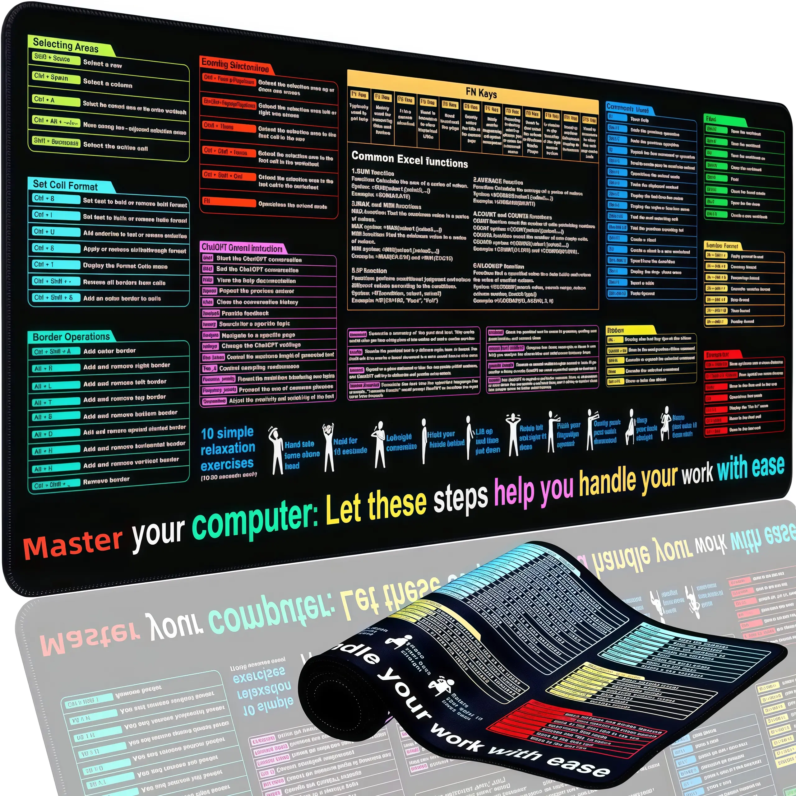 Excel Cheat Sheet Desk Pad Mat with Formulas Shortcuts Waterproof Non-Slip PC Keyboard Cover Large XL Mouse Pad for Office Gaming Unisex mouse  pads