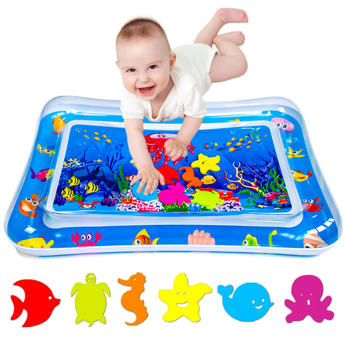 Tummy Time Water Mat for Infants and Toddlers 3 to 24 Months - Inflatable Rectangle Mat with Seabed Patterns & Marine Animals - BPA-Free, Leak-Proof, Sensory Board Toy