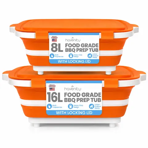 Havenity 2-Pack Heavy-Duty BBQ Prep Tub Combo (16L+8L) - 3-in-1 Collapsible Camping Cutting Board with No-Spill Lid, Food-Grade Portable Space-Saving Solutions for Outdoor Cooking, Kitchen Messes