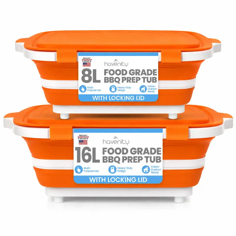 Havenity 2-Pack Heavy-Duty BBQ Prep Tub Combo (16L+8L) - 3-in-1 Collapsible Camping Cutting Board with No-Spill Lid, Food-Grade Portable Space-Saving Solutions for Outdoor Cooking, Kitchen Messes