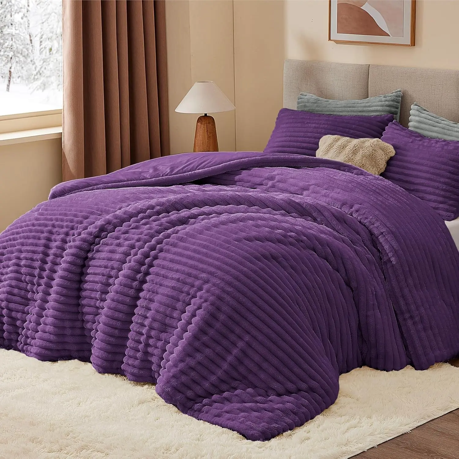 Bebelite Twin Comforter Set - Soft Durable Polyester, Purple Plush Flannel Texture, High Weight 3D Touching Warm Winter Bedding with 1 Pillowcase, Unique Style, Machine Washable