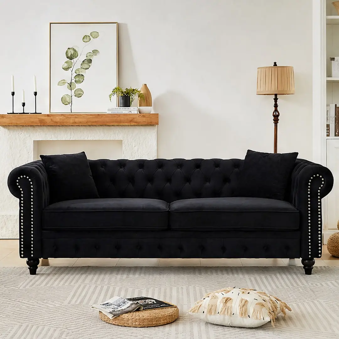 ARCH Velvet Chesterfield Sofa 3 Seater Couch with Rolled Arms Tufted Button Design Wood Frame Living Room Furniture for Apartment Office Black 85.5W x 32.25D x 28.25H in, Black Color Options, Velvet Material, 3 Seat Seat Count, Color: Black