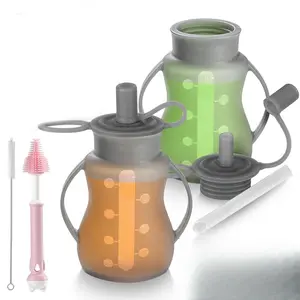 Reusable Baby Food Pouches with Straws for Toddlers, 2 Pack Silicone Baby Food Squeeze Pouches Refillable for Kids,Leakproof, Dishwasher & Freezer Safe, Perfect for Homemade Puree (Grey)