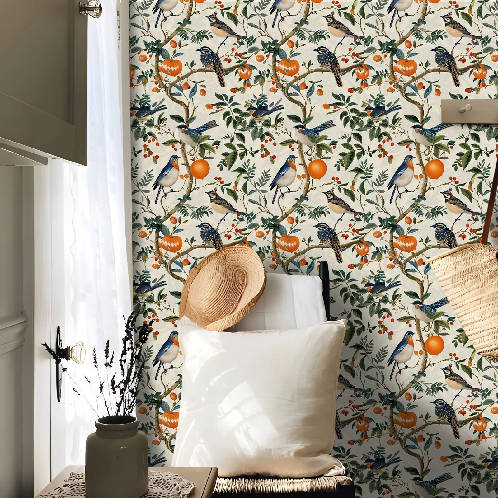 Vintage Bird & Citrus Peel and Stick Wallpaper, Removable Botanical Wall Decor, Chinoiserie Style for Bedroom, Living Room, Interior Walls, Renter Friendly