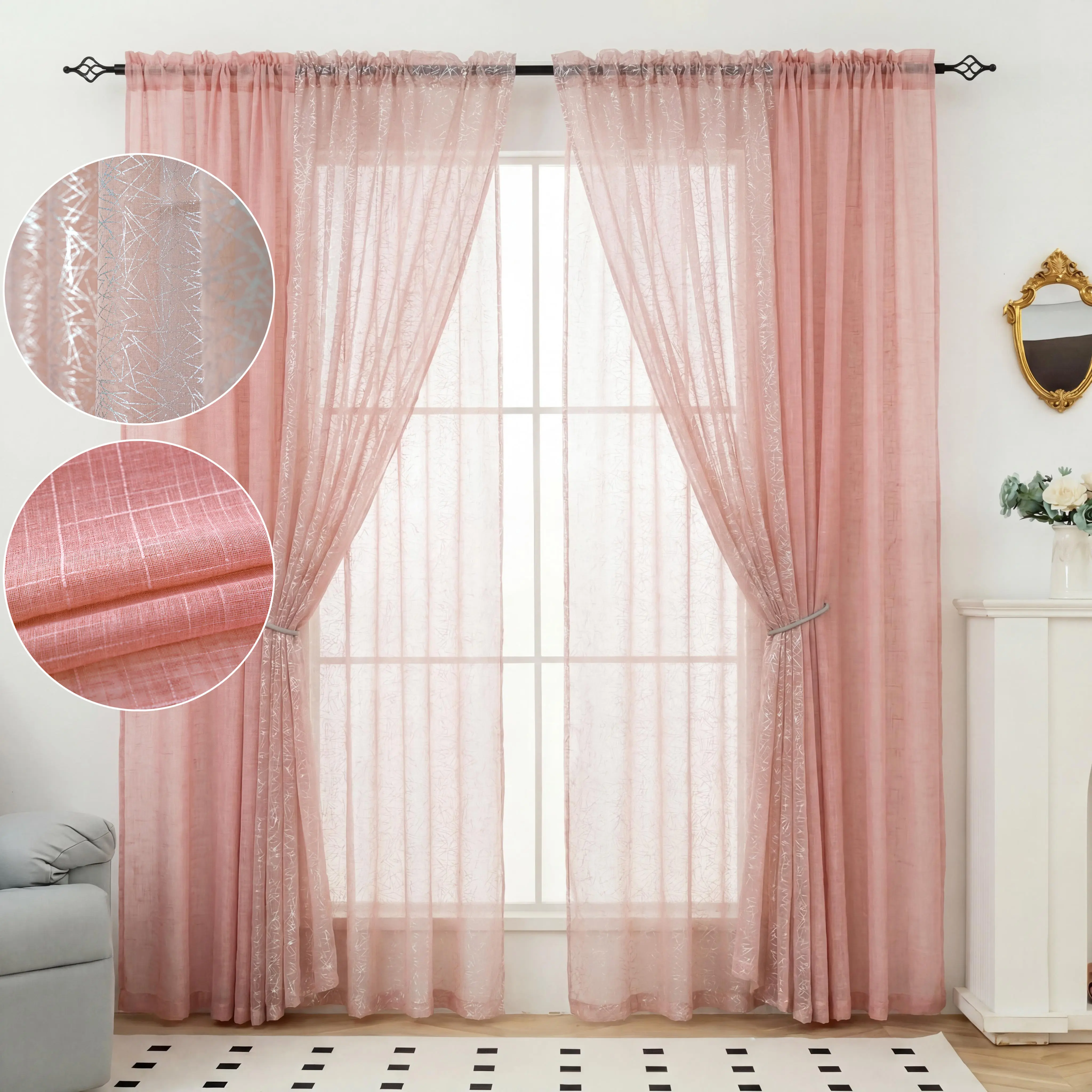 6-Panel Anti-Shrink Rod Pocket Double Layer Long Curtain Set (52"x84") - 4 Foil Silver Metallic Sheers, 2 Linen Texture Chenille Semi-Sheers, No Drill Light Filtering Curtains for Bedroom Decor (FT5001 L39)