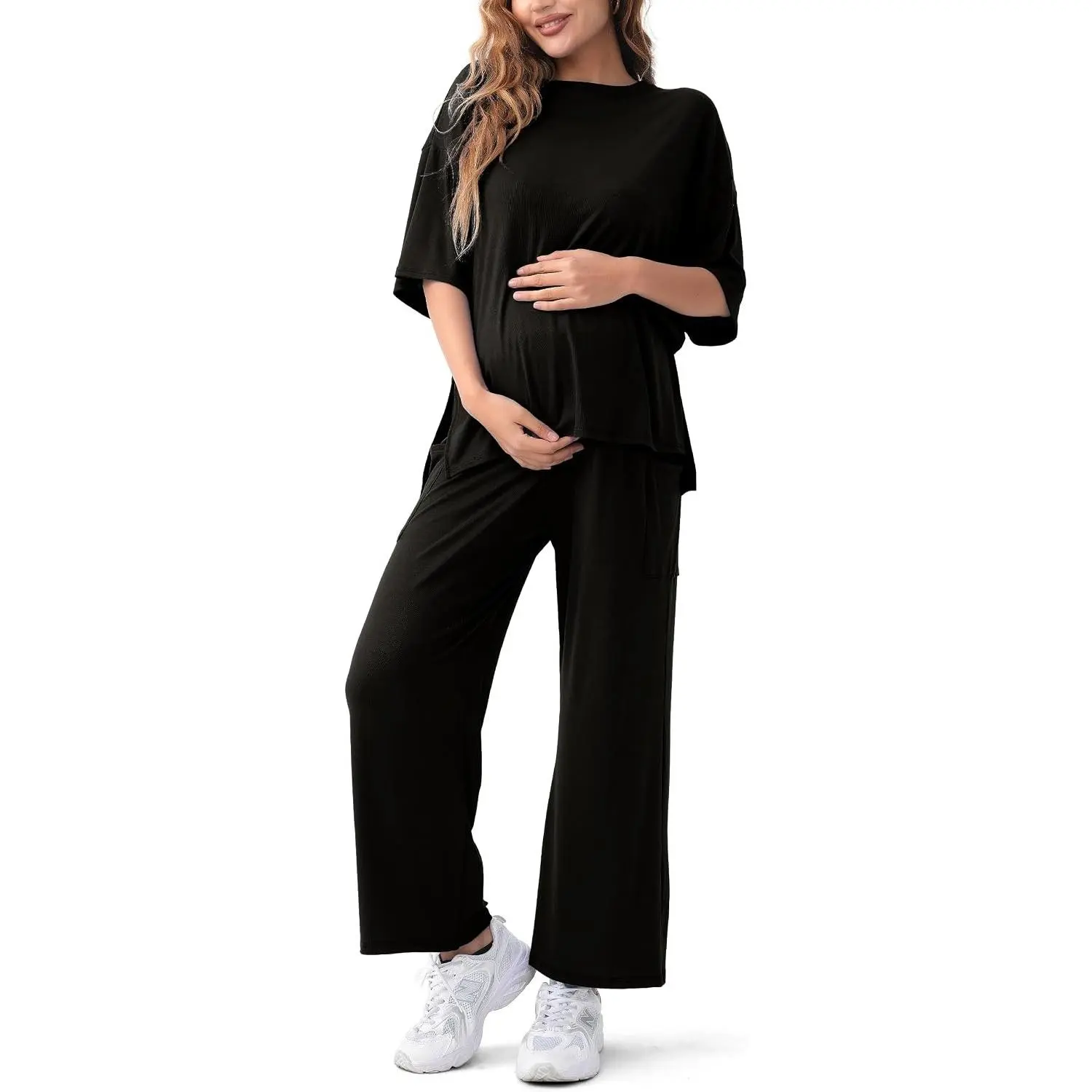 Maternity 2 Piece Lounge Set Matching Short Sleeve Top Adjustable Long Pants Summer Pregnancy Loungewear