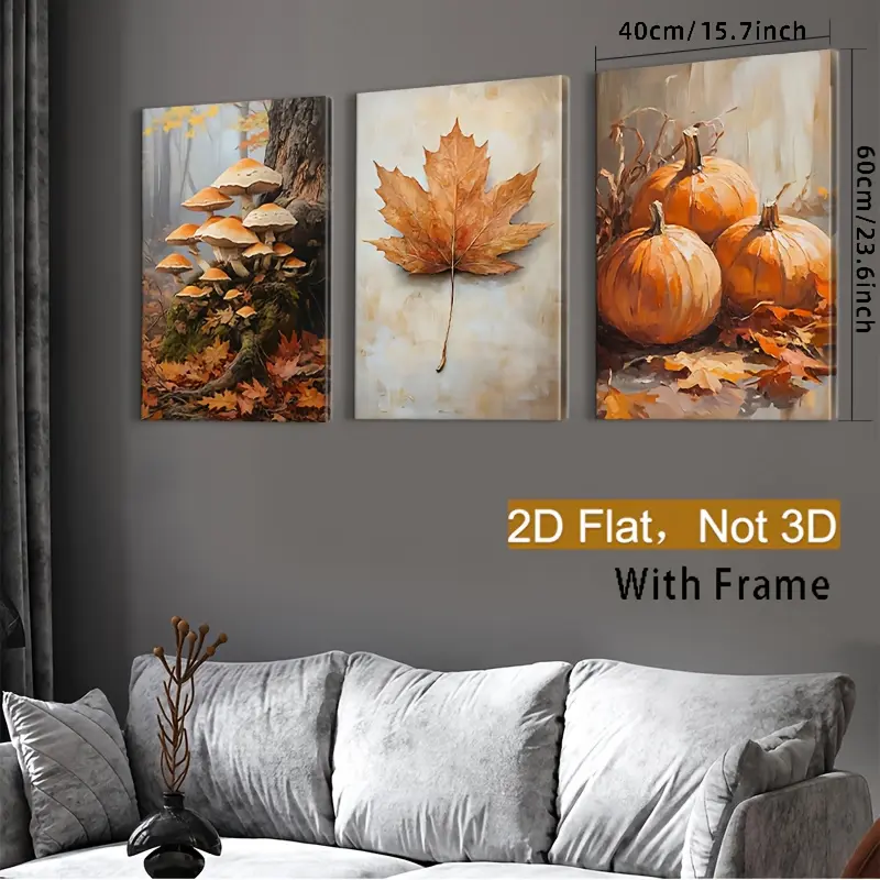 3-Piece Waterproof Glossy Autumn Harvest Canvas Wall Art Prints - Vertical Classic Rectangular Framed 2D Panels, Pumpkin & Maple Leaf Patterns, Plaid & Polka Dot, Hanging Decoration for Home, Farmhouse, Thanksgiving, Print, Wardrobe, 4Th Of July, Independ